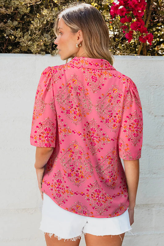 Rose Red Floral Print Wide Short Sleeve Loose Shirt