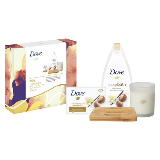 Dove Truly Pampered Bath & Home Collection with a scented candle & bamboo soap tray Gift Set perfect 2 piece gifts for her
