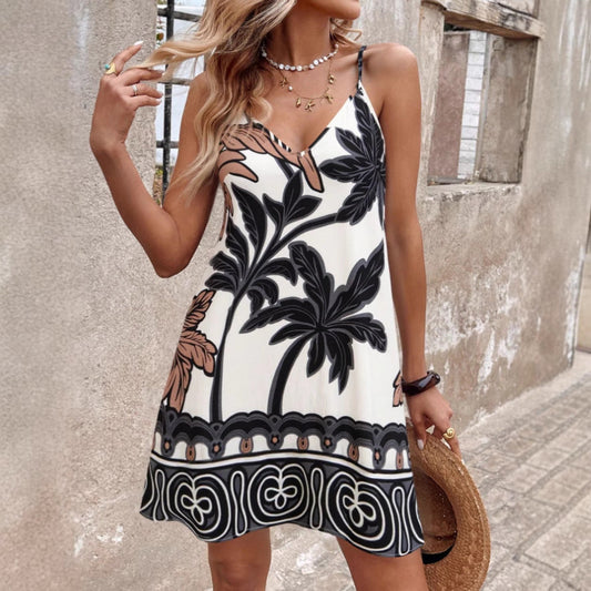 Strapless Printed V-neck Dress Women's Clothing