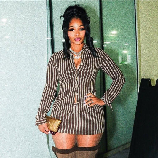 Fashionable Retro Color-Block Striped Long-Sleeve Top And Skirt Set