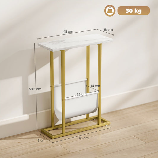 HOMCOM Narrow Side Table, End Table with Magazine Holder, Nightstand for Small Spaces, Living Room, Bedroom, White Marble Grain