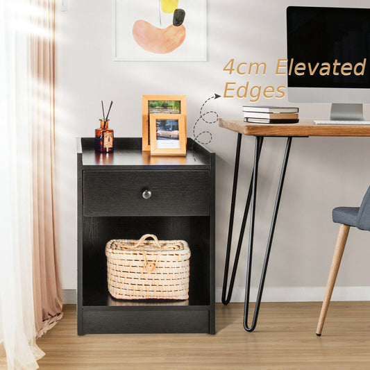 Set of 2 Bedside Table with a Drawer and Open Shelf-Black