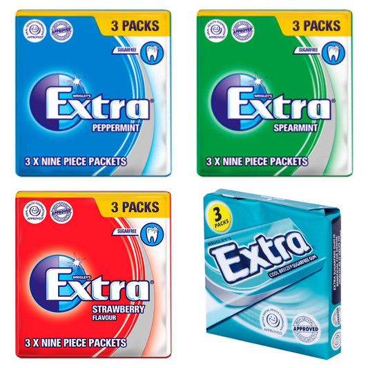 Extra Sugar Free Chewing Gum Wrigley 4 Pack Selection Bundle 3 x 9 Pieces of Peppermint, Spearmint, Cool Breeze & Strawberry Flavours