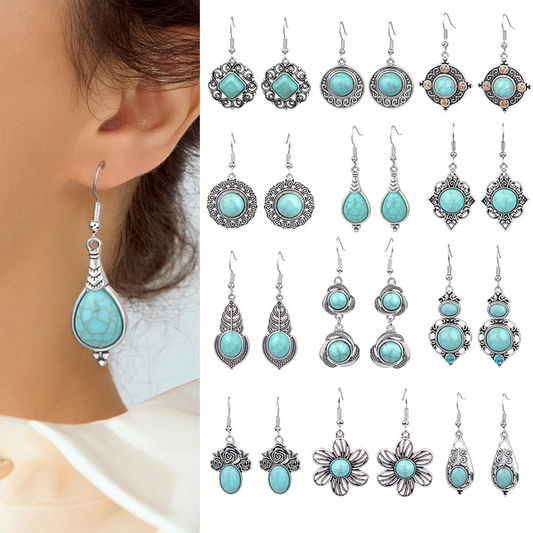 12 Pairs Ethnic Style Drop Earrings with Turquoise Boho