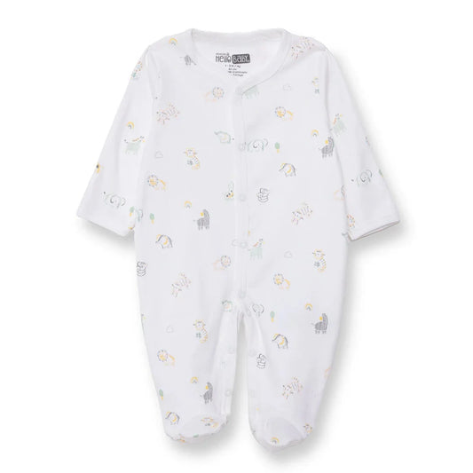 HelloBaby Boys Footed Romper Animal with Poppers Crew Neck Long Leg Long Sleeve - White Printed
