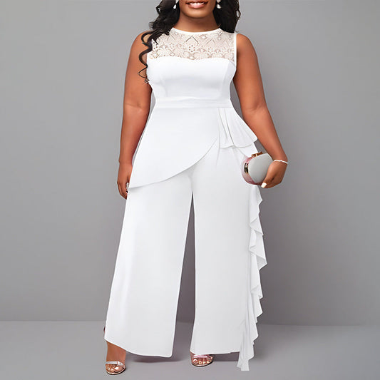Solid-color Elegant Patchwork Loose-fitting Straight-leg Jumpsuit