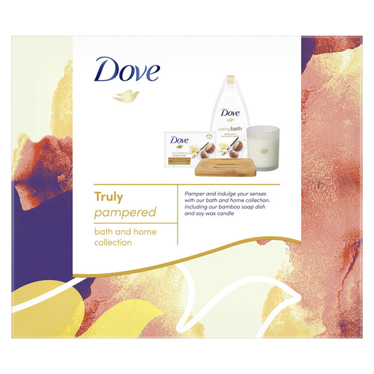 Dove Truly Pampered Bath & Home Collection with a scented candle & bamboo soap tray Gift Set perfect 2 piece gifts for her