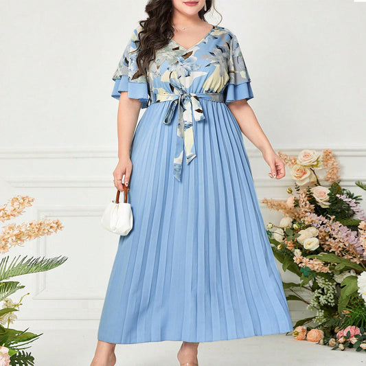 Printed V-neck Spliced Slim-fit Ladies Dress