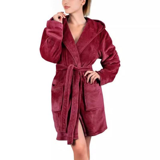 Flannel Plush Solid-color Hooded Thermal Pajamas