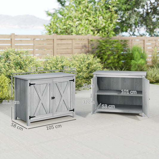 Outsunny Wooden Garden Shed, Outdoor Fir Wood Storage Shed with Shelf and Double Doors, Light Grey