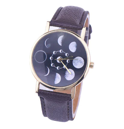 "Moon Phase Surface Watch with Leather Strap"