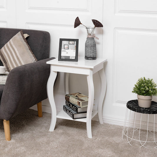 Accent End Table with Elegant Curved Legs and 2-Tier Open Storage Shelves-White
