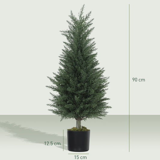 HOMCOM Set of 2 Decorative Artificial Plant, 90 cm Cypress Tree with 362 Leaves in Pot, UV-Resistant Plastic Fake Tree for Indoor Outdoor Home Office