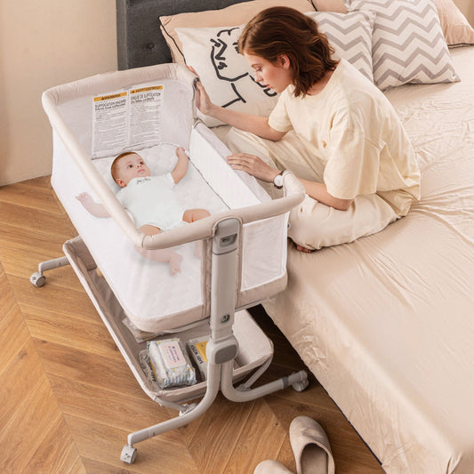 Baby Bassinet Bedside Sleeper with 6-Level Adjustable Height and Storage Shelf-Beige