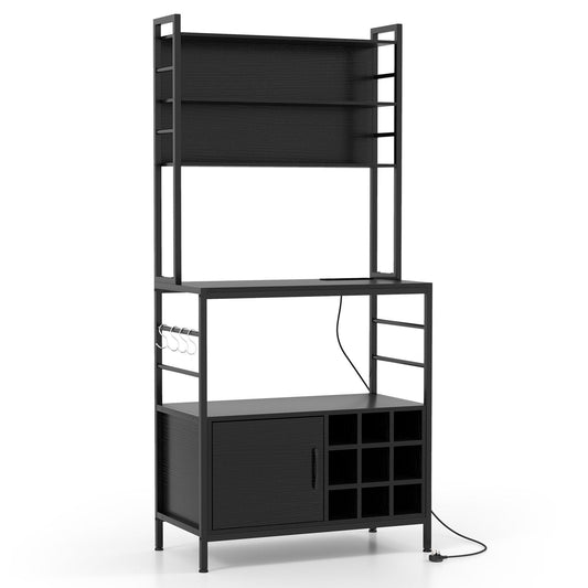 Bakers Rack with Power Outlet and Heavy-Duty Metal Frame-Black
