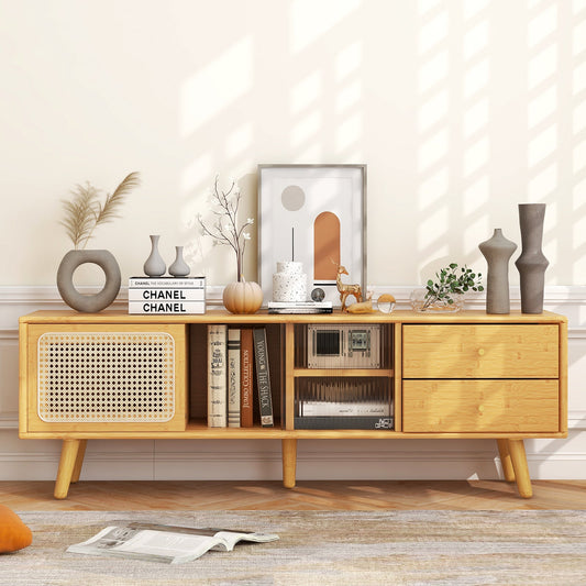 Bamboo TV Stand Modern Console Table for TV up to 65 Inch-Natural