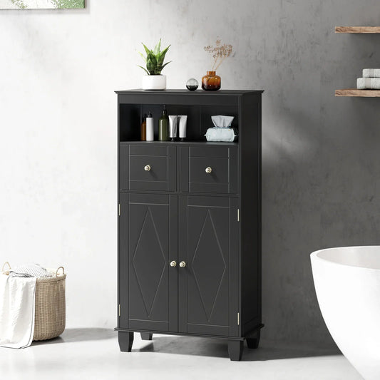 Bathroom Floor Storage Cabinet with Doors and Shelves-Black