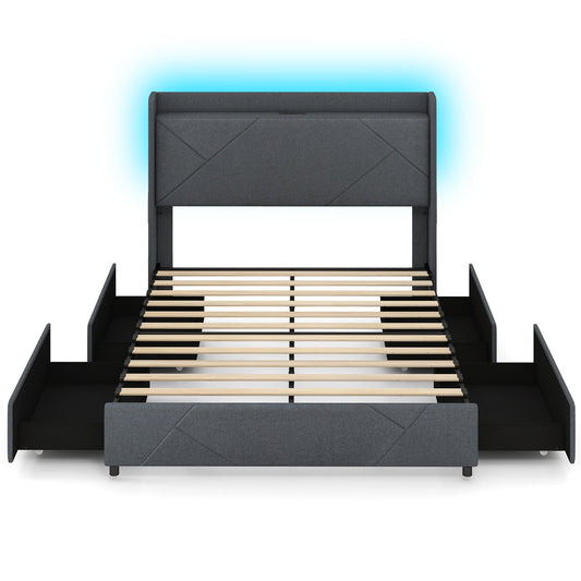 Double/King Size Bed Frame with LED Lights and Charging Station-King Size