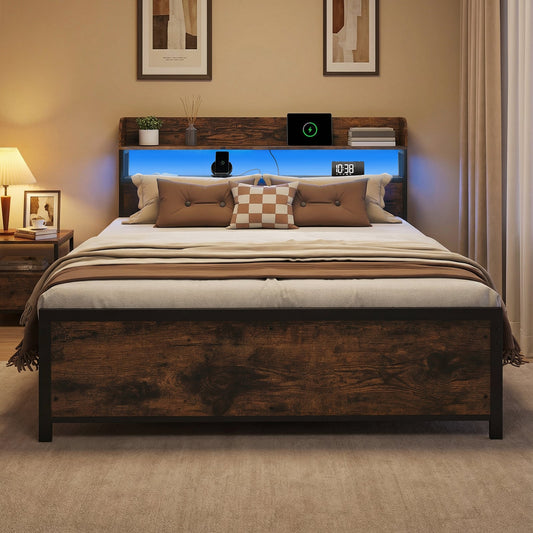 Bed Frame with LED Lights and Power Outlets-King Size