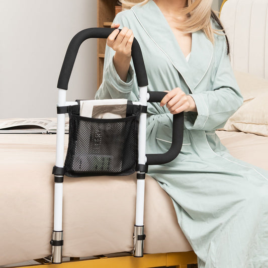 Bed Rail with Dual Handrail for Elderly Adults Support up to 300 LBS-White