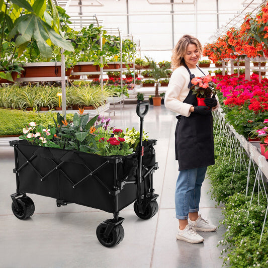 Foldable Wagon with Adjustable Handle and Universal Front Wheels-Black
