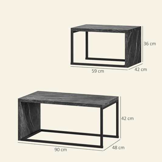 HOMCOM Coffee Tables Set of 2, Industrial Nest of Tables with Metal Frame for Living Room Bedroom, Dark Grey Marble Effect