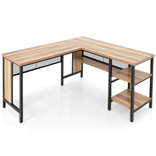 150 x 140 x 75cm Large Corner L-Shaped Computer Desk with 3 Storage Shelves-Oak