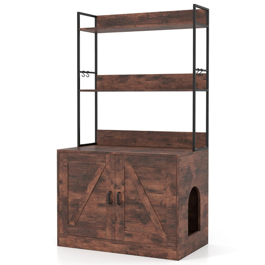 Modern Cat Litter Box Enclosure Cabinet with 3-Tier Shelves Metal Frame-Brown