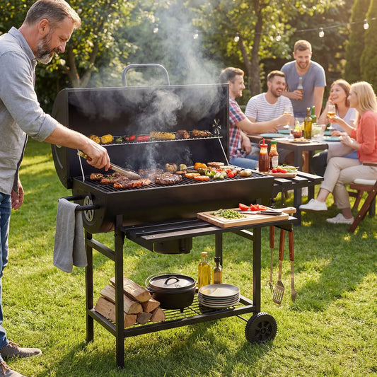 Charcoal BBQ Grill Outdoor Smoker Grill Combo with Thermometer-Black