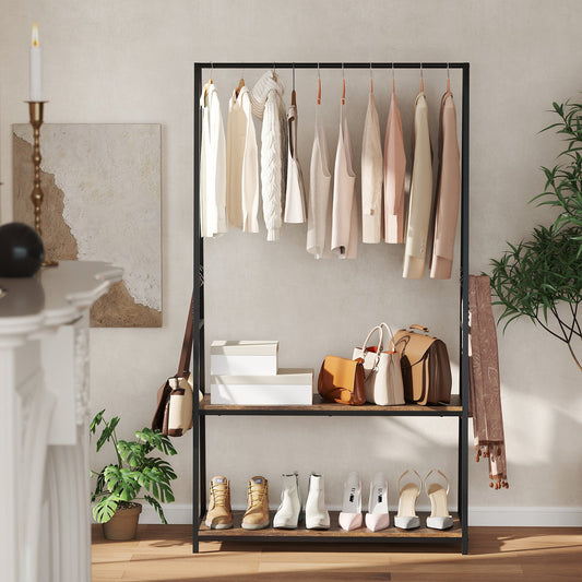 Clothes Rack with 2 Shelves for Laundry Room Bed Room-Brown
