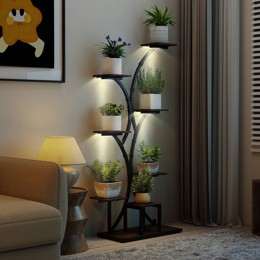146CM Tall 8-Tier Corner Metal Plant Shelf for Multiple Plants-Rustic Brown