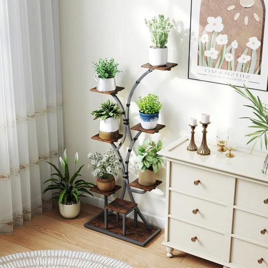 146CM Tall 8-Tier Corner Metal Plant Shelf for Multiple Plants-Rustic Brown
