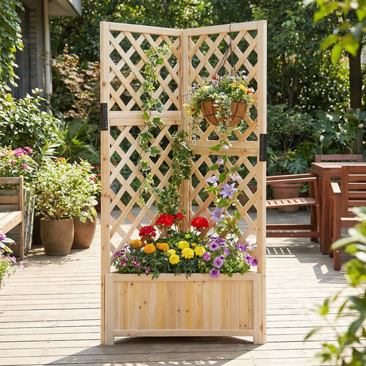 Corner Raised Garden Bed with Lattice Trellises Drainage Holes-Natural
