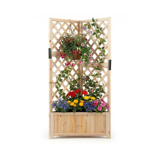 Corner Raised Garden Bed with Lattice Trellises Drainage Holes-Natural