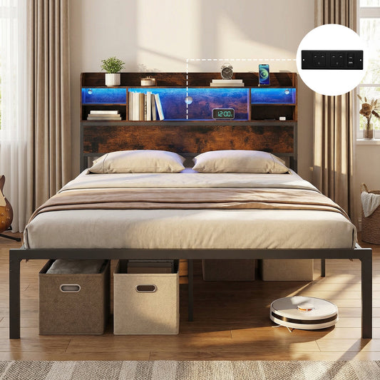 Double/King Size Bed Frame with LED Lights and Charging Station-Rustic Brown-King Size