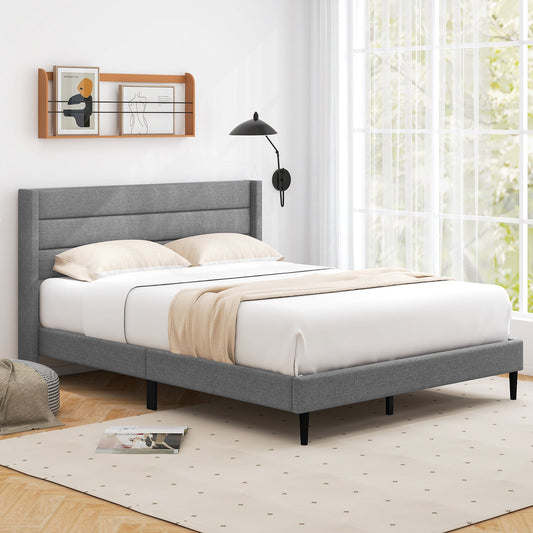 Single/Double Size Bed Frame with Wingback Headboard and Wooden Slats Support-Grey-Double Size