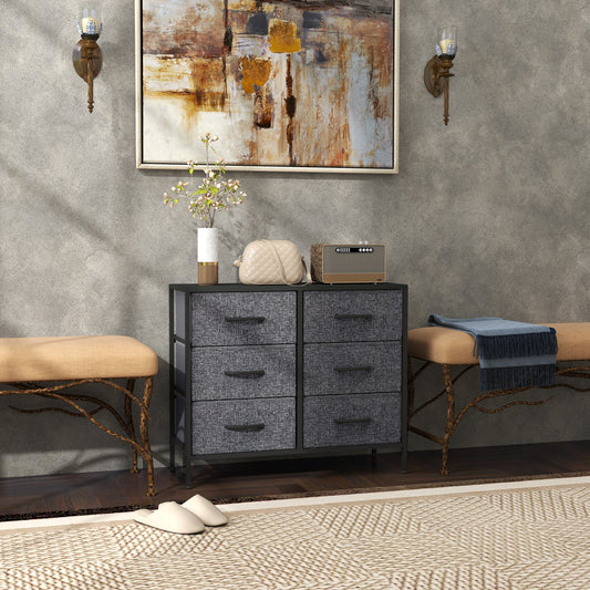 HOMCOM Fabric Chest of Drawers, Storage Drawers, Industrial Bedroom Dresser with 6 Fabric Drawers, Steel Frame and Wooden Top for Nursery, Living Room, Hallway, Black