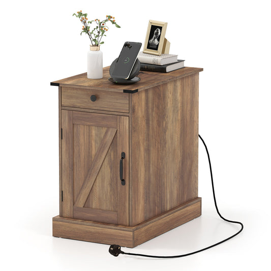 End Table with Charging Station Farmhouse Bedside Table with Storage Drawer-Black