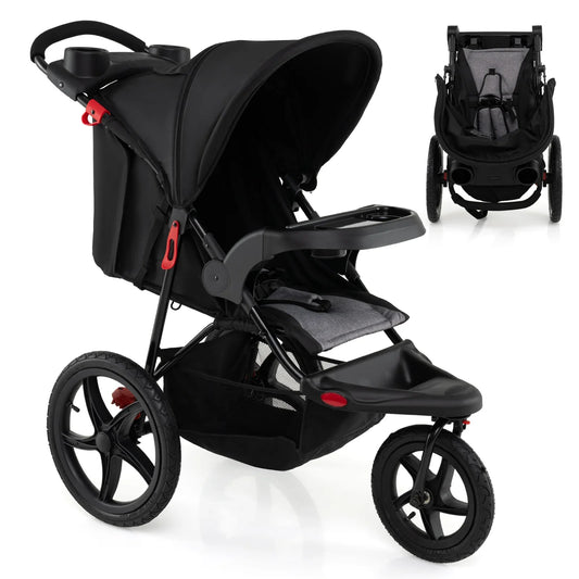 Foldable Jogging Stroller with Adjustable Canopy Reclining Seat-Black