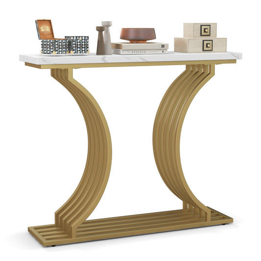 Gold Entryway Table with White Faux Marble Tabletop-White