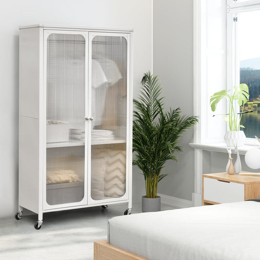 Mobile Metal Wardrobe Armoire Closet with Hanging Rod and Adjustable Shelf-White