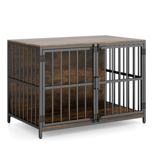 Heavy-duty Dog Crate Furniture with Dual Lockable Double Doors-Rustic Brown