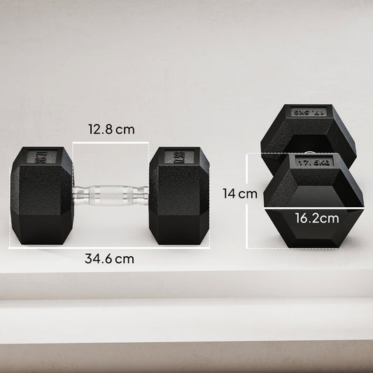 HOMCOM 2x17.5KG Rubber Hex Dumbbell Portable Hand Weights Dumbbell Home Gym