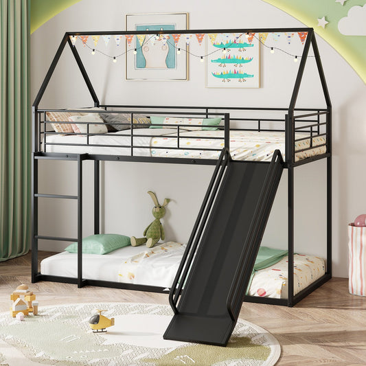 190 x 90 cm House Bunk Bed with Slide and Safety Guardrail Ladder-Black