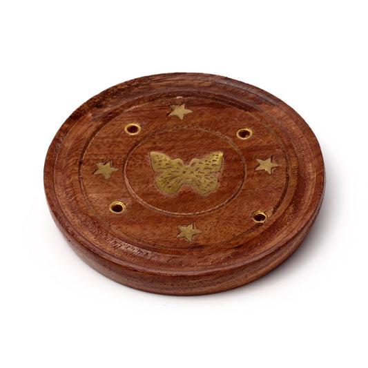 Sheesham Wood Round Ashcatcher Incence Burner with Butterfly Inlay