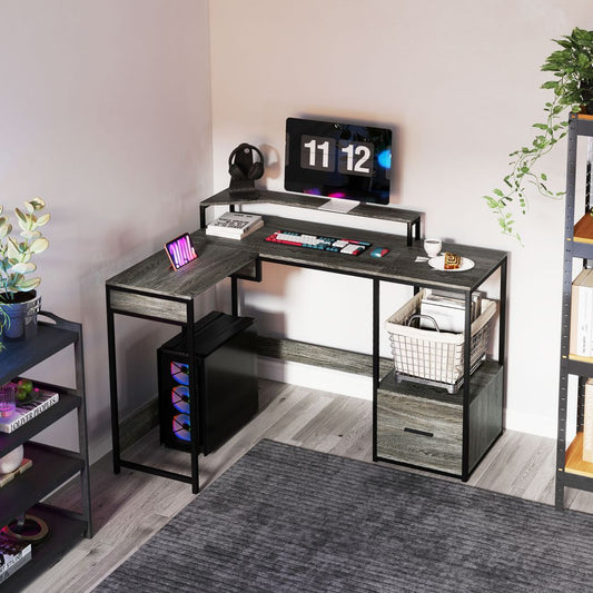 HOMCOM L Shaped Desk, Computer Table with Liftable Desktop, Charcoal