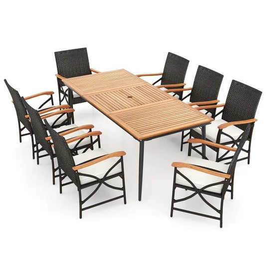 9-Piece Patio Dining Set with Acacia Wood Table and 8 Rattan-woven Chairsqq