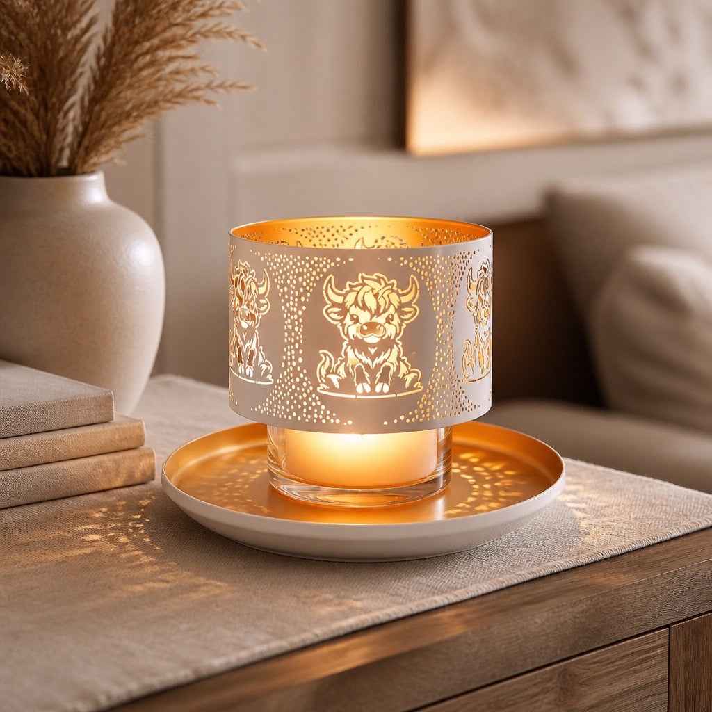 Jar Shade & Tray Set Metal Silhouette – White Highland Cow (15cm) Candle not included