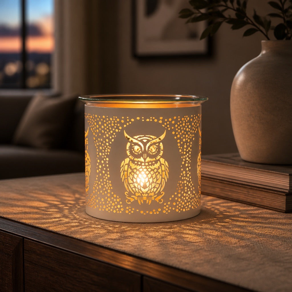 Tealight Wax Melter & Candle Holder – White & Gold Silhouette Owl (10.5cm)