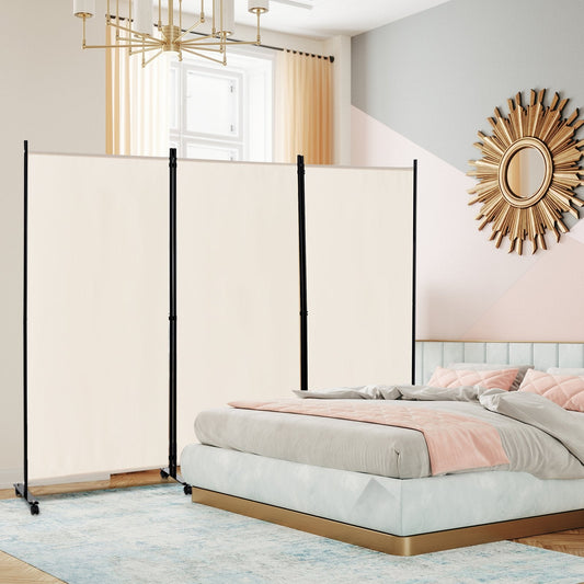 3-Panel Folding Room Divider with Wheels for Living Room Bedroom-Beige